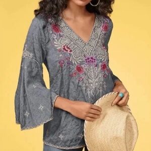 Embroidered V-Neck Bell Sleeve Top - Gray with Pink Floral Accents